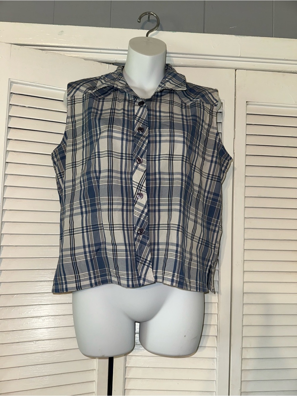 Nick & Sarah Plaid Sleeveless Button Front Blouse Women's Size Large Blue White